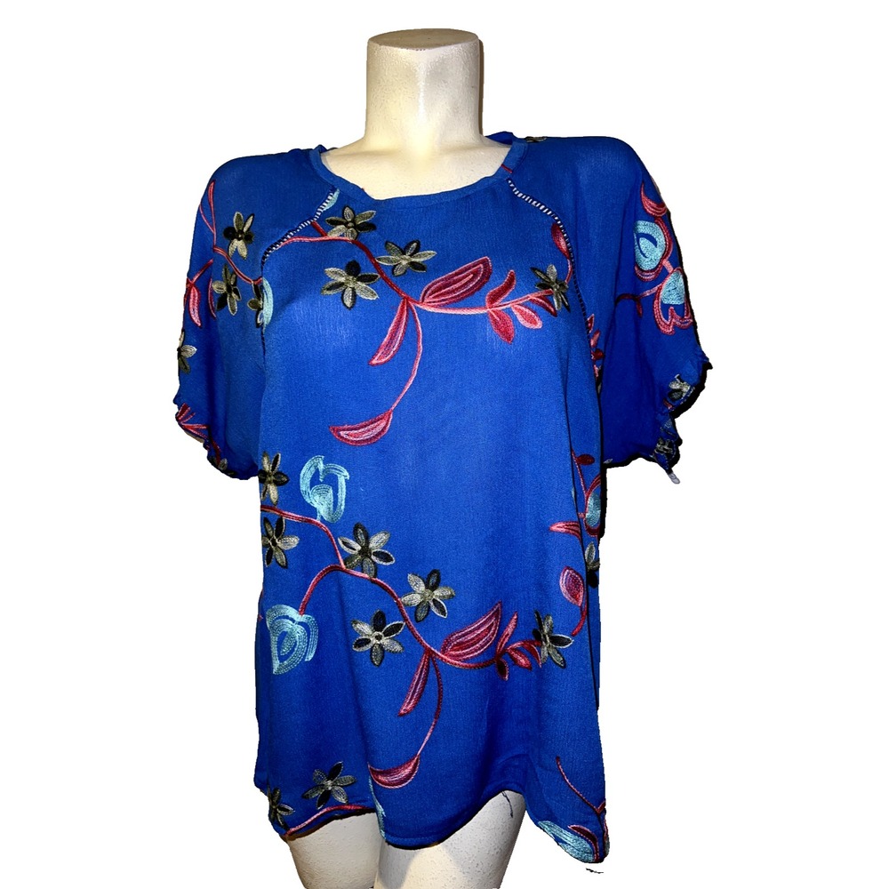 LIV LOS ANGELES Women Blue Floral Embroidered Short Sleeve Blouse XL SB1102W